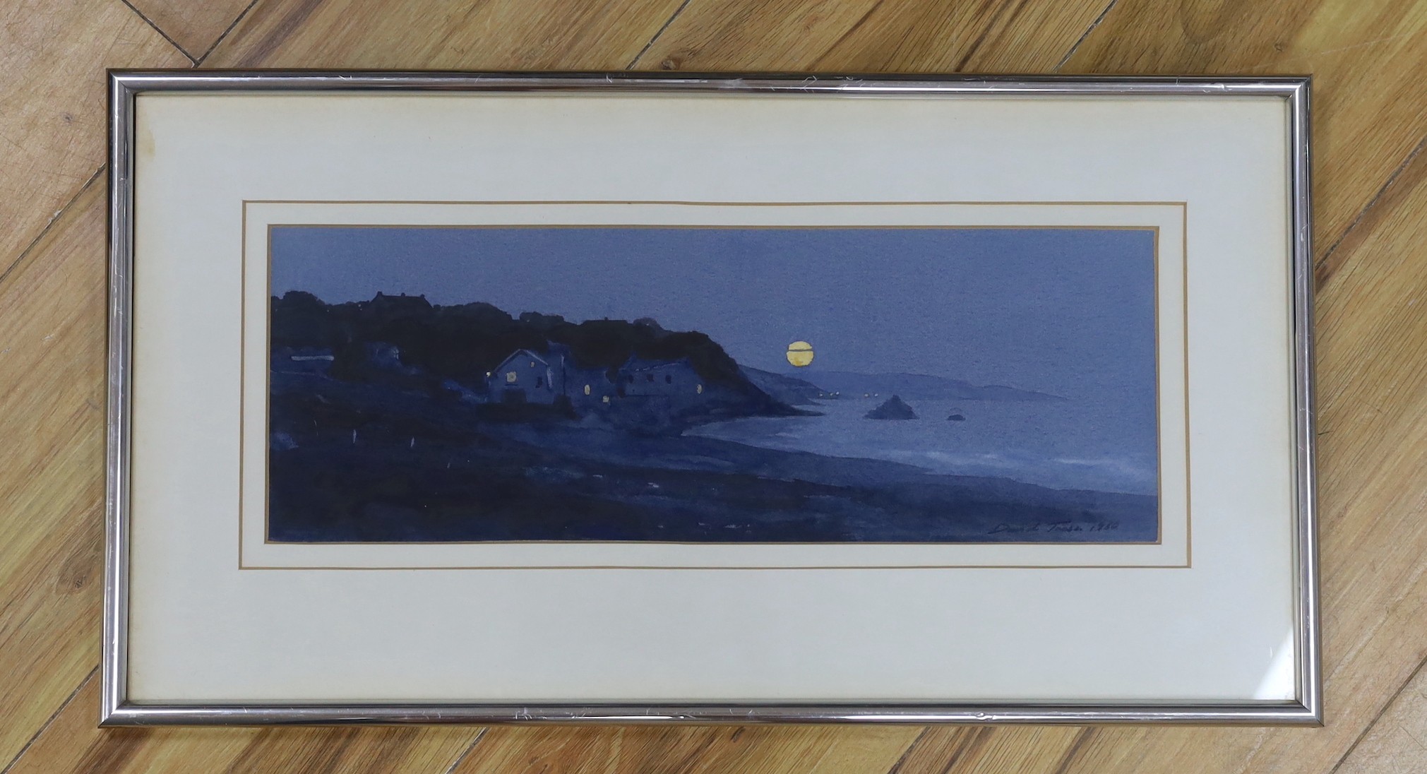 David Trass, watercolour, Fishermen's cottages by moonlight, signed and dated 1980, 15 x 42cm